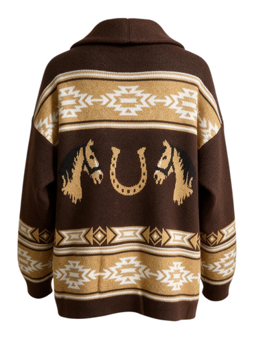Back view of Trestles Clothing Company brown Aztec horse cardigan with rolled collar and Southwestern patterns