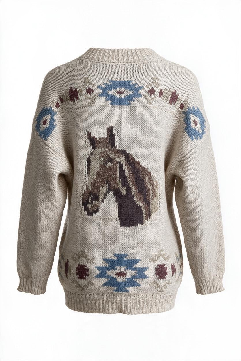 Trestles Clothing Company oversized beige knit sweater featuring a vintage horse and Aztec pattern on the back