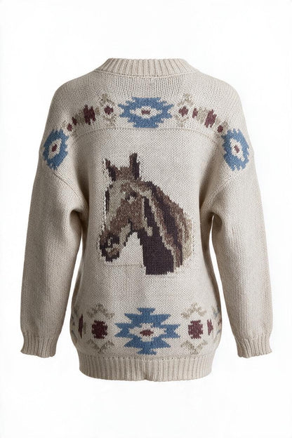 Trestles Clothing Company oversized beige knit sweater featuring a vintage horse and Aztec pattern on the back
