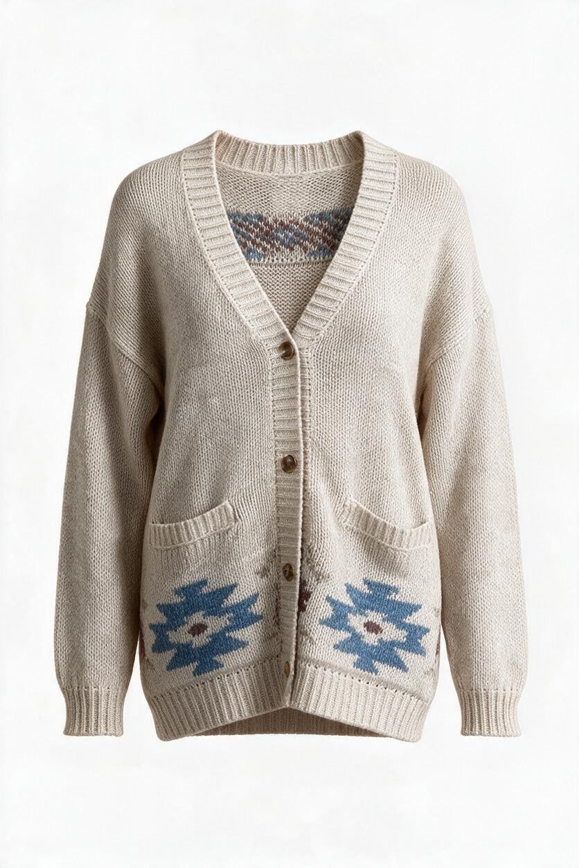 Trestles Clothing Company oversized beige knit cardigan with V-neck, front pockets, and blue Aztec pattern details.