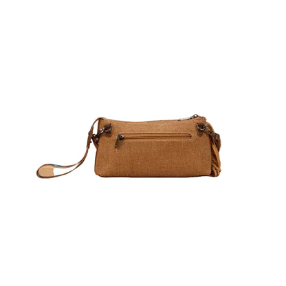 Trestles Clothing Company Aztec wristlet and crossbody bag showing the back view with brown canvas and fringe detail