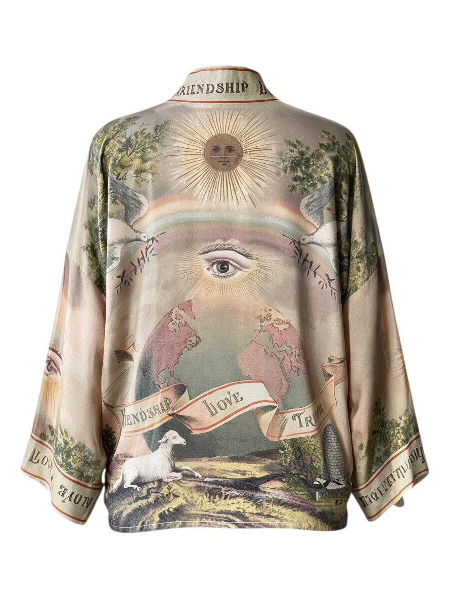 Trestles Clothing Company cropped kimono in bamboo fabric with vintage-style globe, sun, and eye back print.