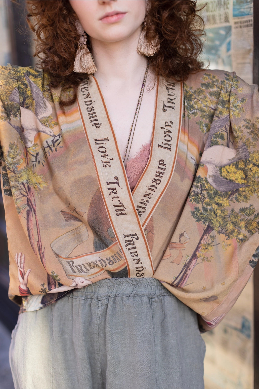 Trestles Clothing Company cropped kimono in bamboo fabric with vintage-inspired Friendship Love & Truth print.