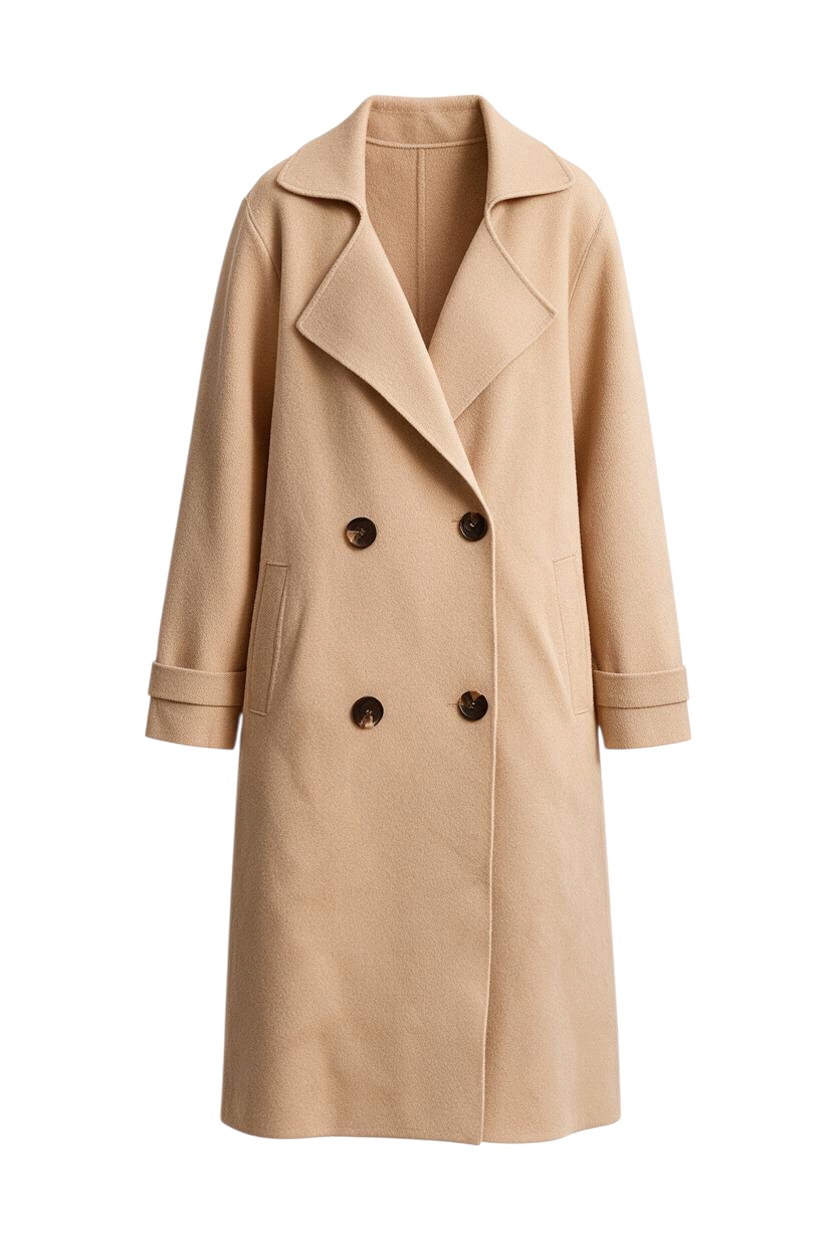Trestles Clothing Company Beckham midi sweater coat in beige cashmere blend with double-breasted button closure