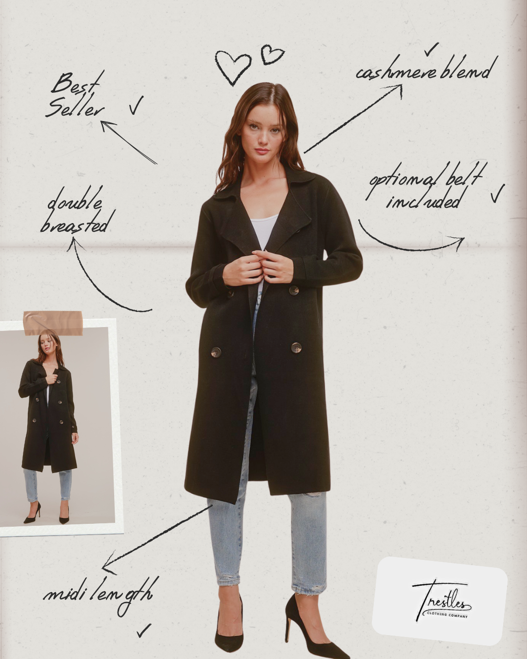 Trestles Clothing Company Beckham Coat in black cashmere blend, a midi-length sweater coat with an optional belt.