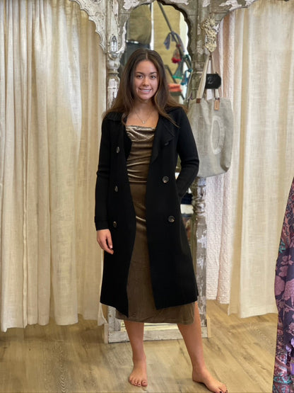 Trestles Clothing Company Beckham midi sweater coat in black cashmere blend worn over a bronze velvet dress