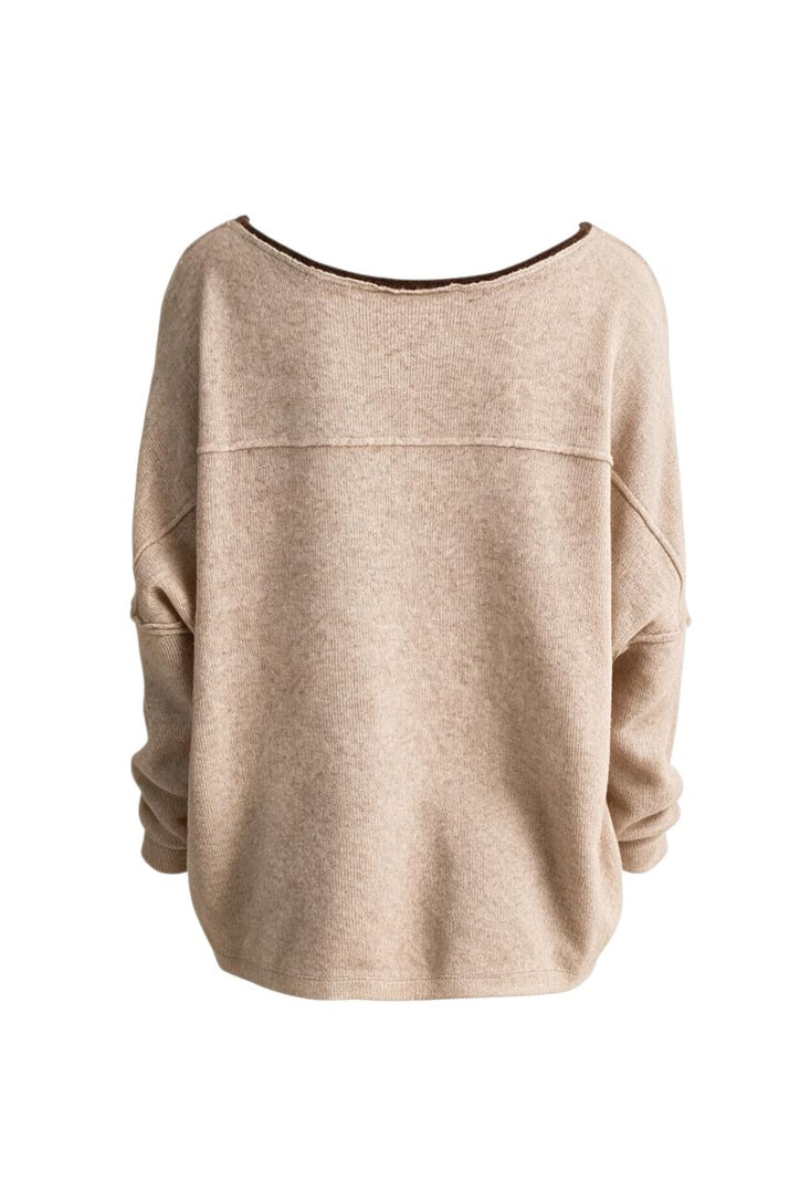 Trestles Clothing Company beige relaxed boatneck sweater with drop shoulders and contrast trim, back view