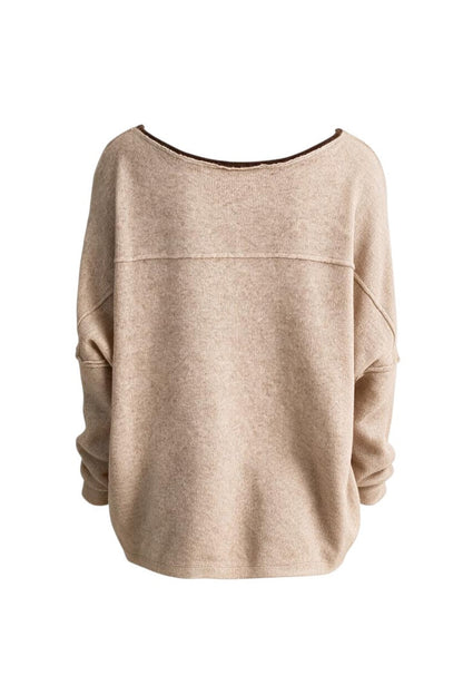 Trestles Clothing Company beige relaxed boatneck sweater with drop shoulders and contrast trim, back view