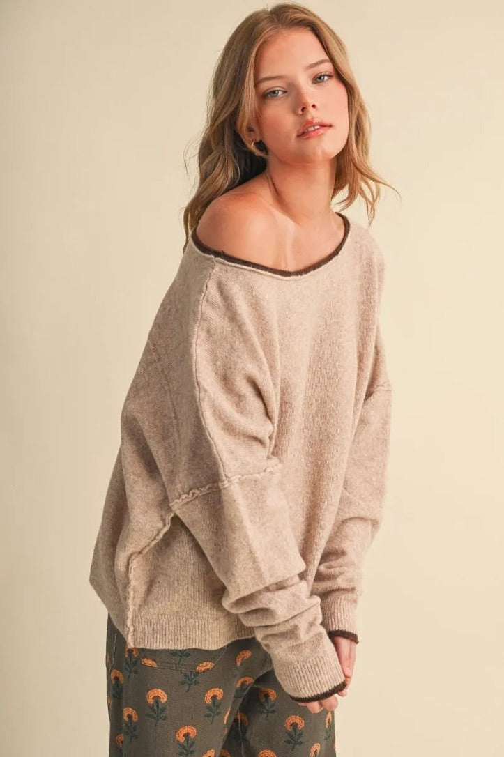 Trestles Clothing Company relaxed beige boatneck sweater with contrast brown trim and drop shoulder slouchy fit