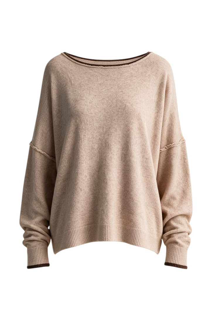 Trestles Clothing Company beige relaxed boatneck sweater with contrast dark brown rolled edges and ribbed cuffs
