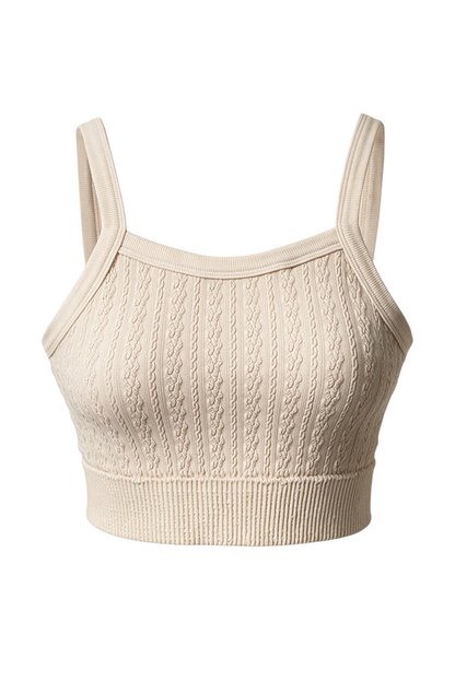 Trestles Clothing Company beige cropped cami with a square neck and textured cable knit pattern for workout support.
