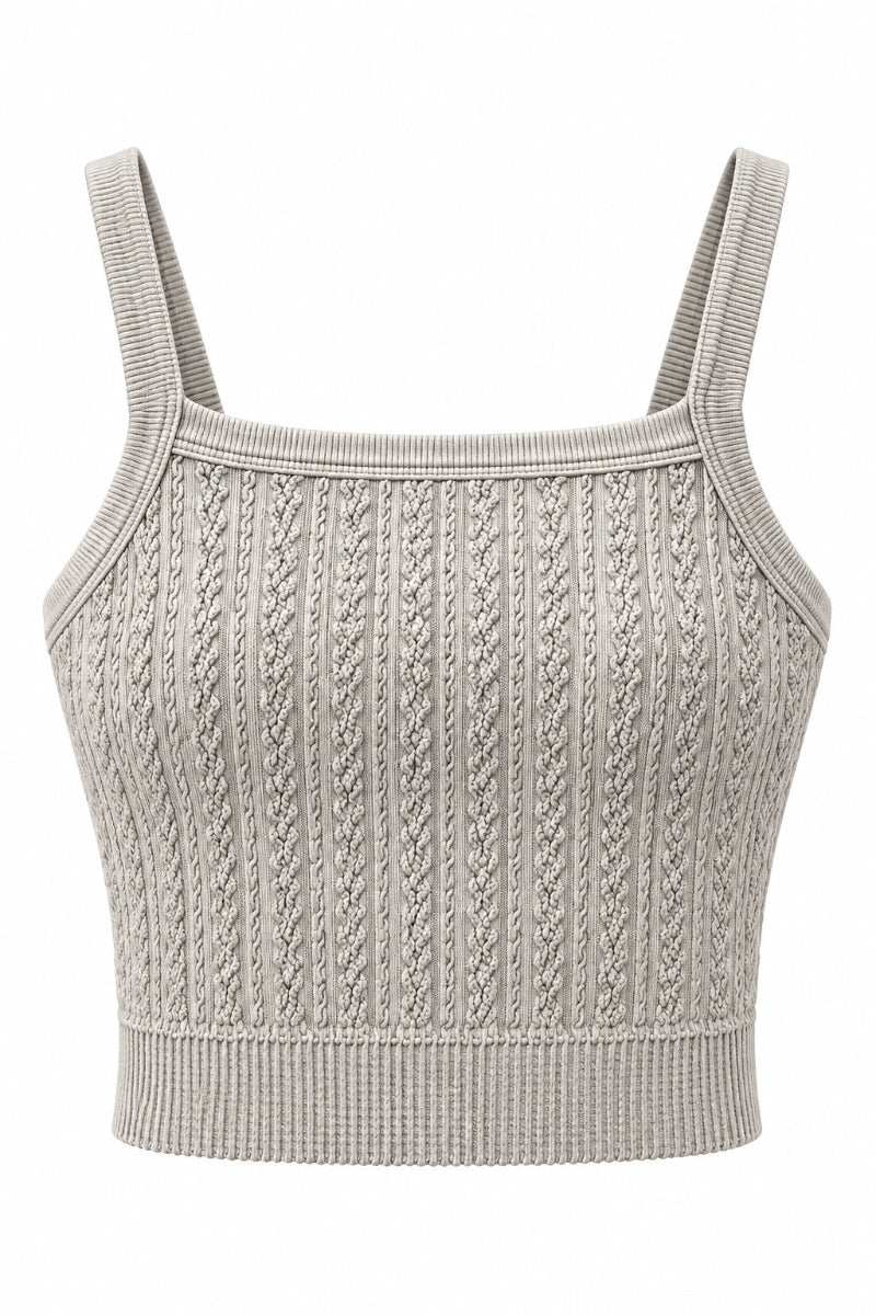 Trestles Clothing Company beige cropped cami with a square neck and textured cable knit pattern for workout wear