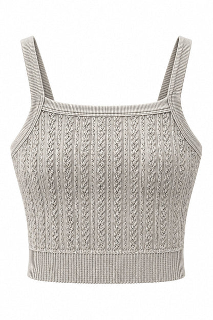 Trestles Clothing Company beige cropped cami with a square neck and textured cable knit pattern for workout wear