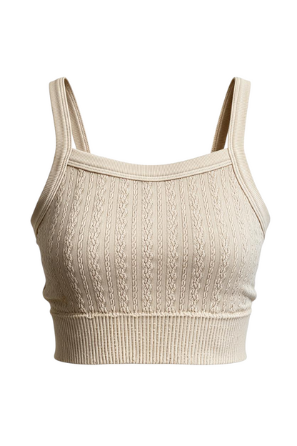 Trestles Clothing Company beige cropped cami with a square neck, cable knit texture, and wide supportive elastic band.