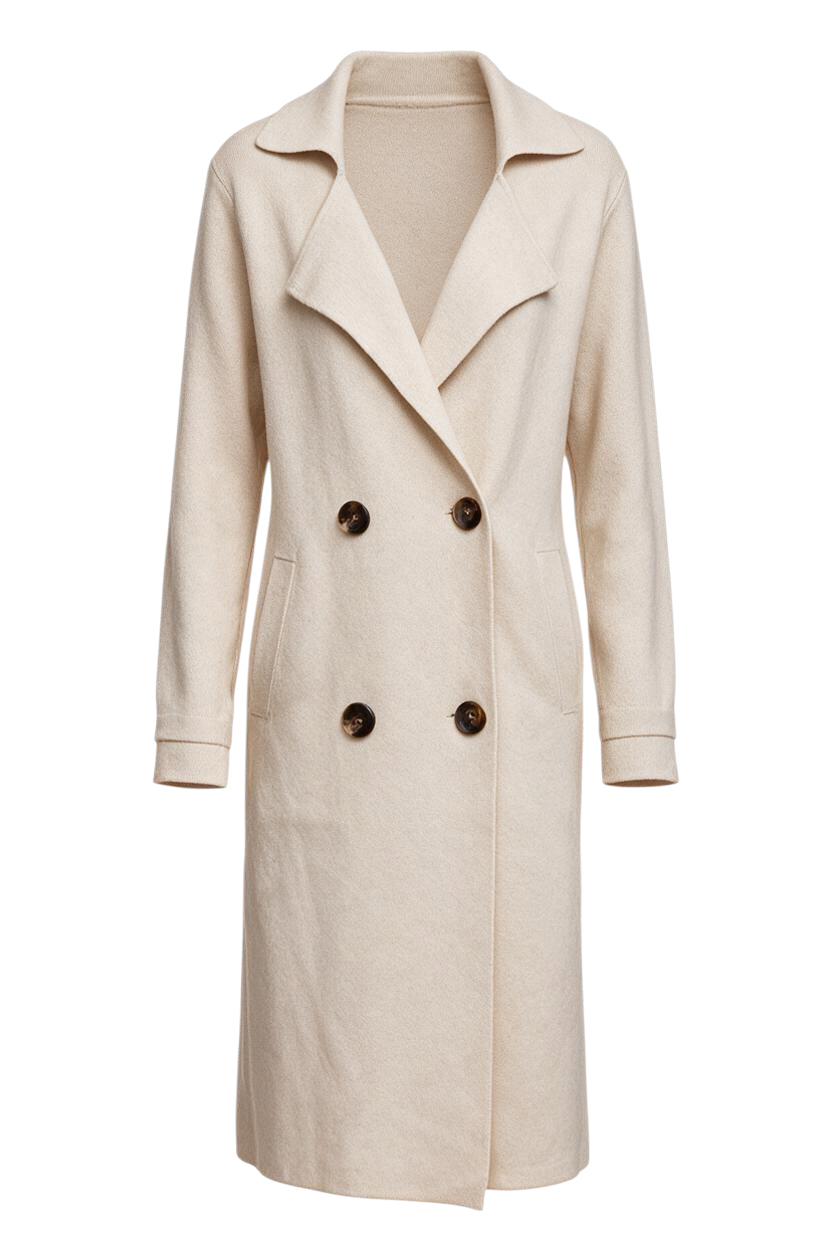 Trestles Clothing Company Beckham midi sweater coat in cream cashmere blend with double-breasted button closure