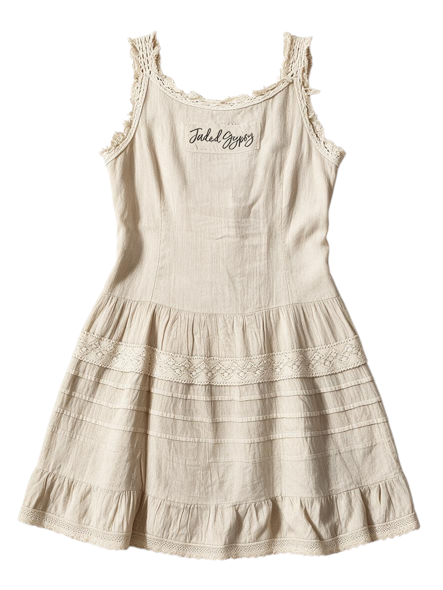 Trestles Clothing Company Sweet Magnolia vintage-inspired beige cotton midi slip dress with lace and embroidery.