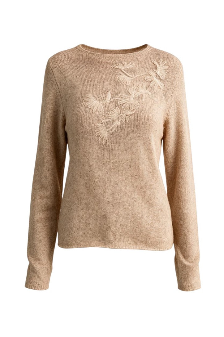 Trestles Clothing Company beige lightweight knit sweater with boat neckline and delicate tonal floral embroidery