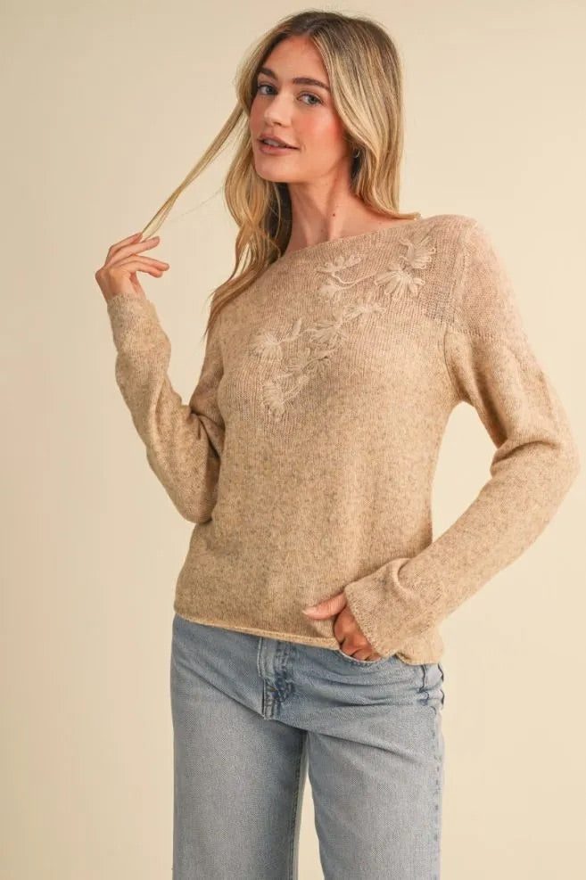 Trestles Clothing Company beige lightweight knit sweater with boat neckline and delicate tonal floral embroidery