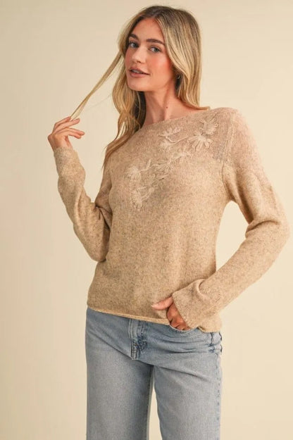 Trestles Clothing Company beige lightweight knit sweater with boat neckline and delicate tonal floral embroidery
