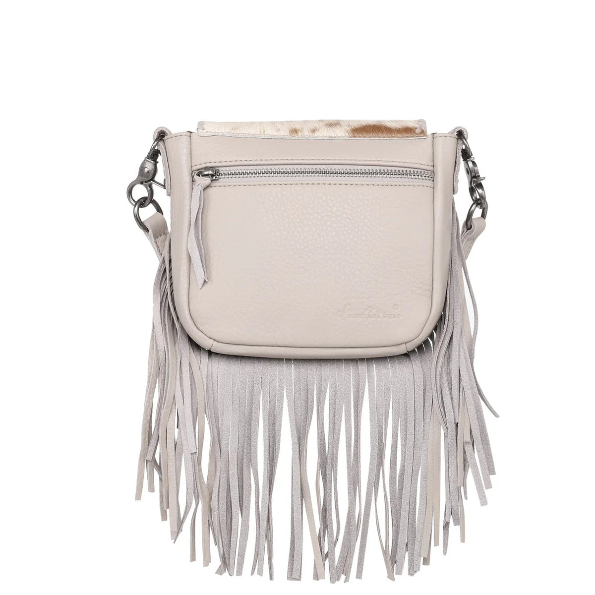 Trestles Clothing Company beige leather crossbody bag with long fringe, hair-on cowhide flap, and back zipper pocket.