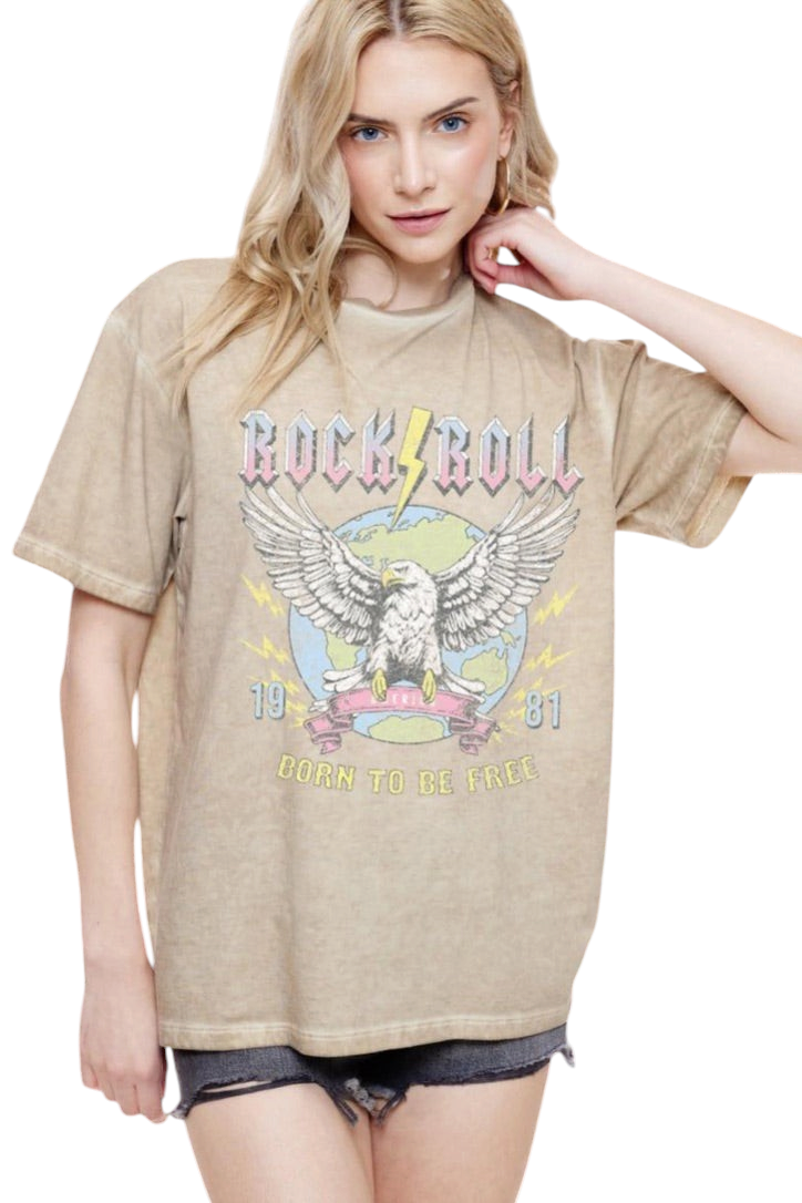 Trestles Clothing Company oversized beige vintage wash cotton graphic tee with eagle and rock and roll print