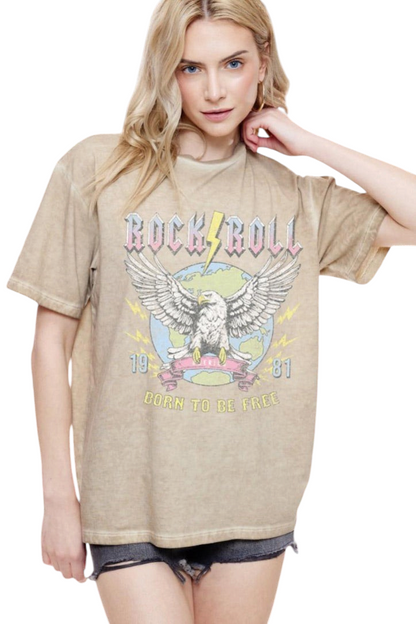 Trestles Clothing Company oversized beige vintage wash cotton graphic tee with eagle and rock and roll print