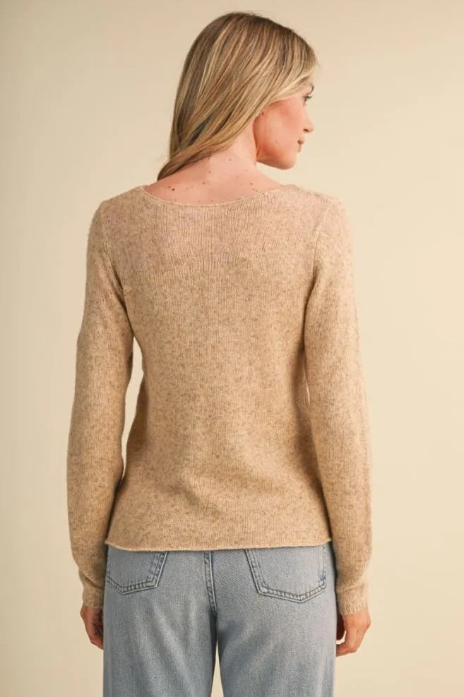 Back view of Trestles Clothing Company beige lightweight knit sweater with boat neckline and long sleeves
