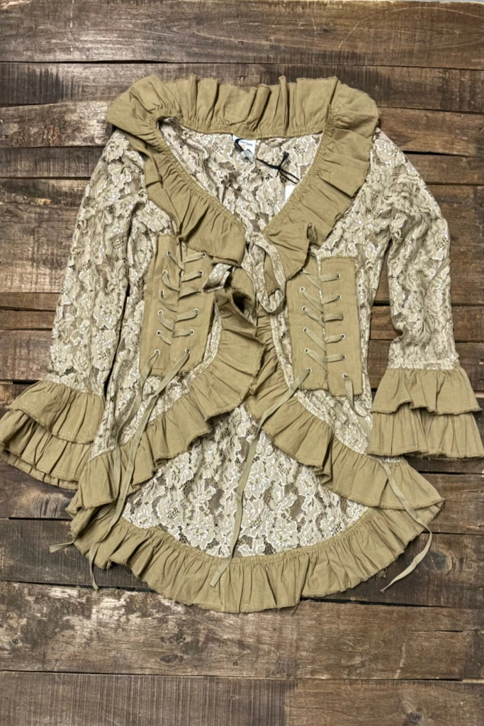 Trestles Clothing Company beige lace jacket with ruffled edges, front corset-style ties, and flared sleeves.