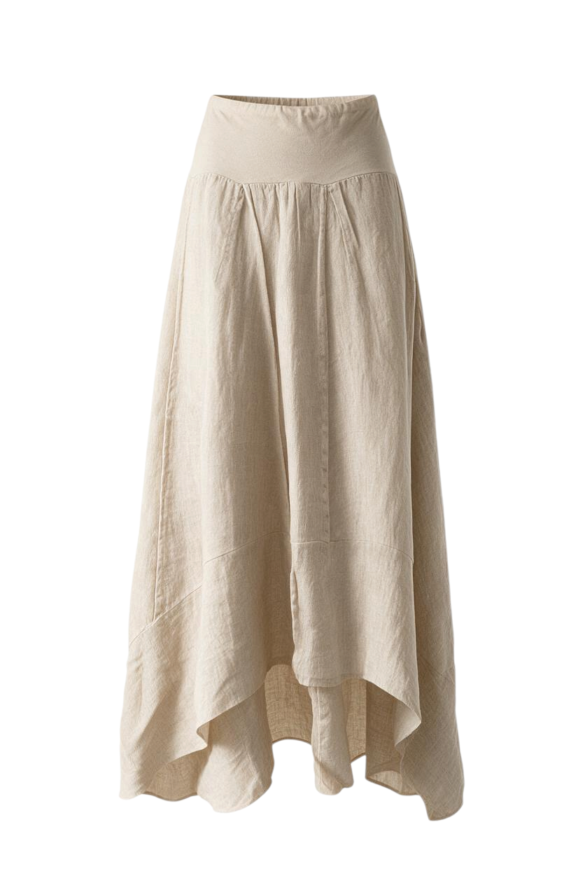 Trestles Clothing Company beige linen maxi skirt with a soft yoga waistband and flowing pieced panel design