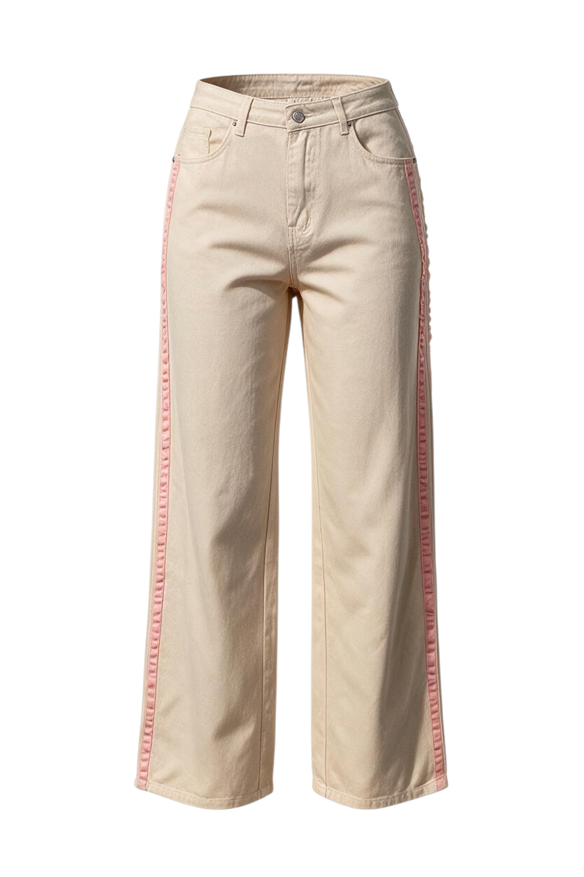 Trestles Clothing Company wide leg cotton pants in beige with strawberry pink double side stripes