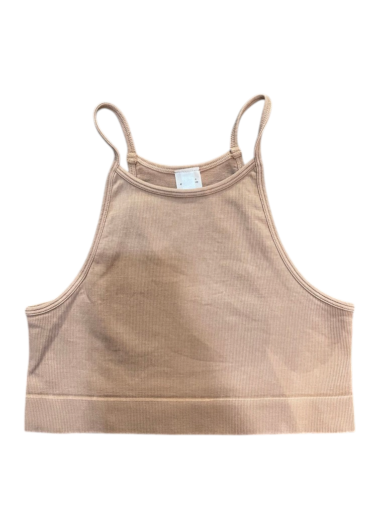 Trestles Clothing Company beige ribbed highneck cami bra top with a scoop front and t-back design.