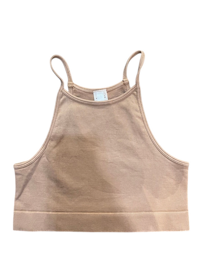 Trestles Clothing Company beige ribbed highneck cami bra top with a scoop front and t-back design.