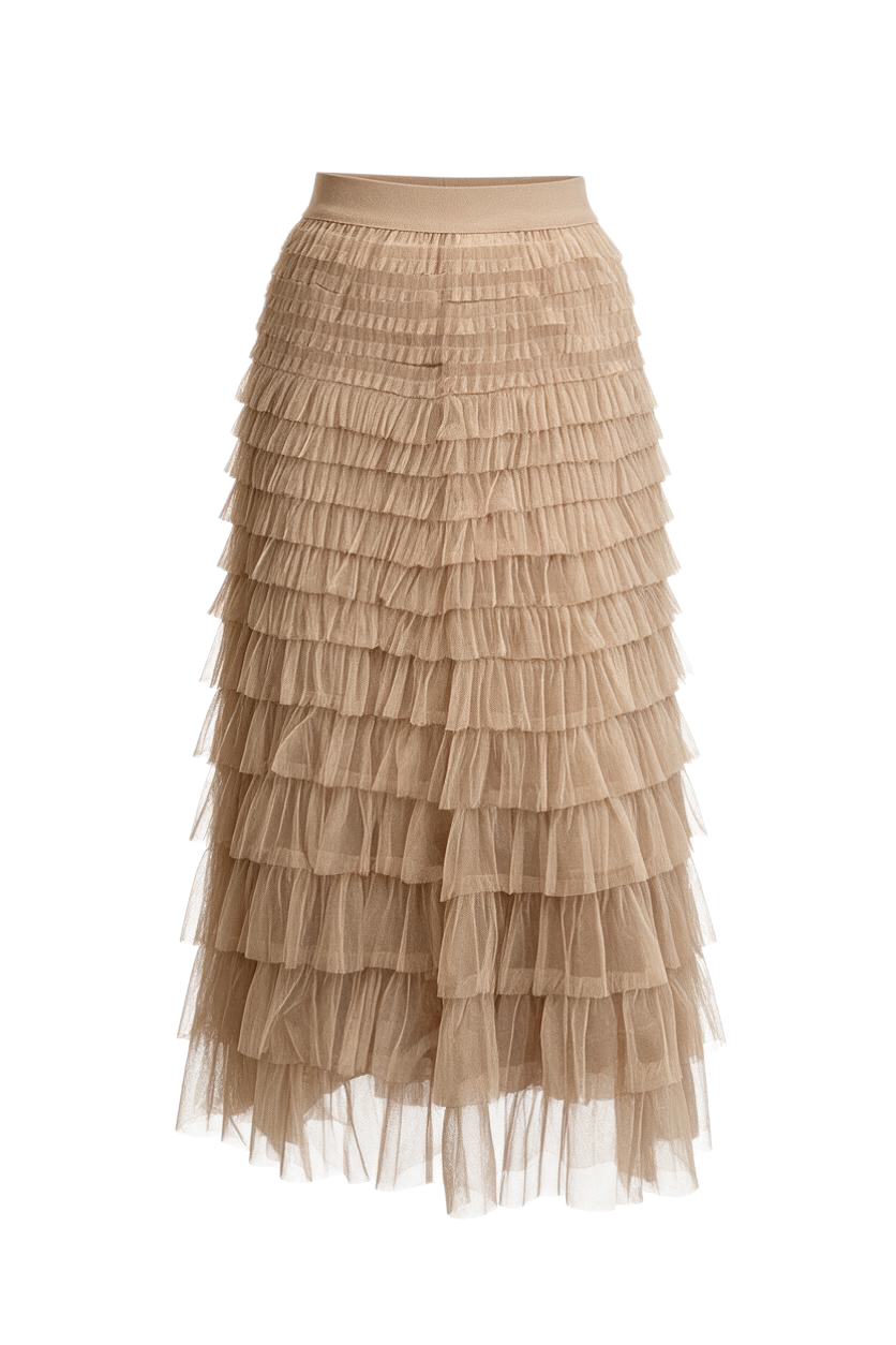 Trestles Clothing Company beige maxi skirt featuring tiered ruffled tulle layers and a comfortable elastic waistband.