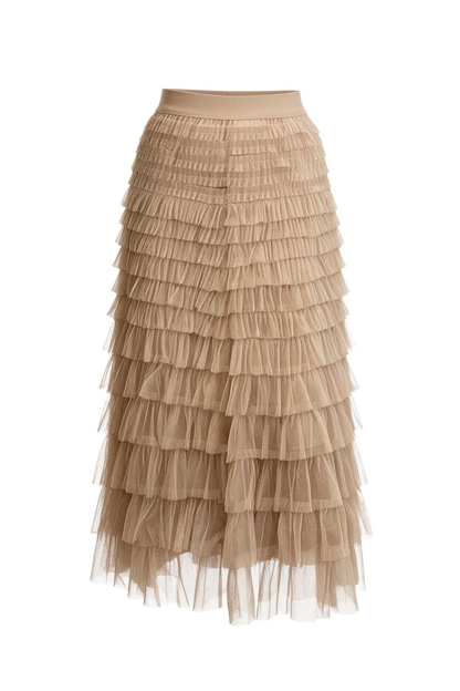 Trestles Clothing Company beige maxi skirt featuring tiered ruffled tulle layers and a comfortable elastic waistband.