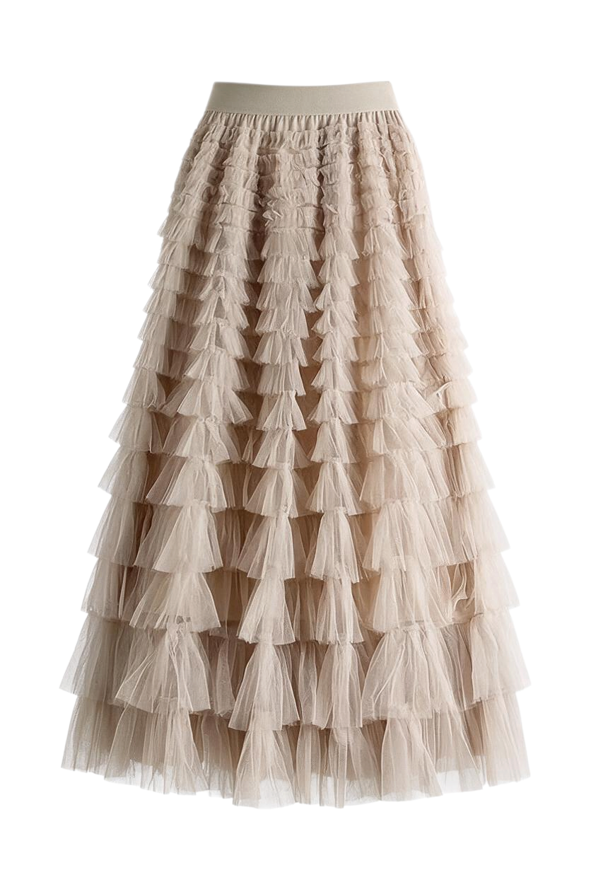 Trestles Clothing Company beige maxi skirt featuring tiered ruffled tulle layers and a comfortable elastic waistband.