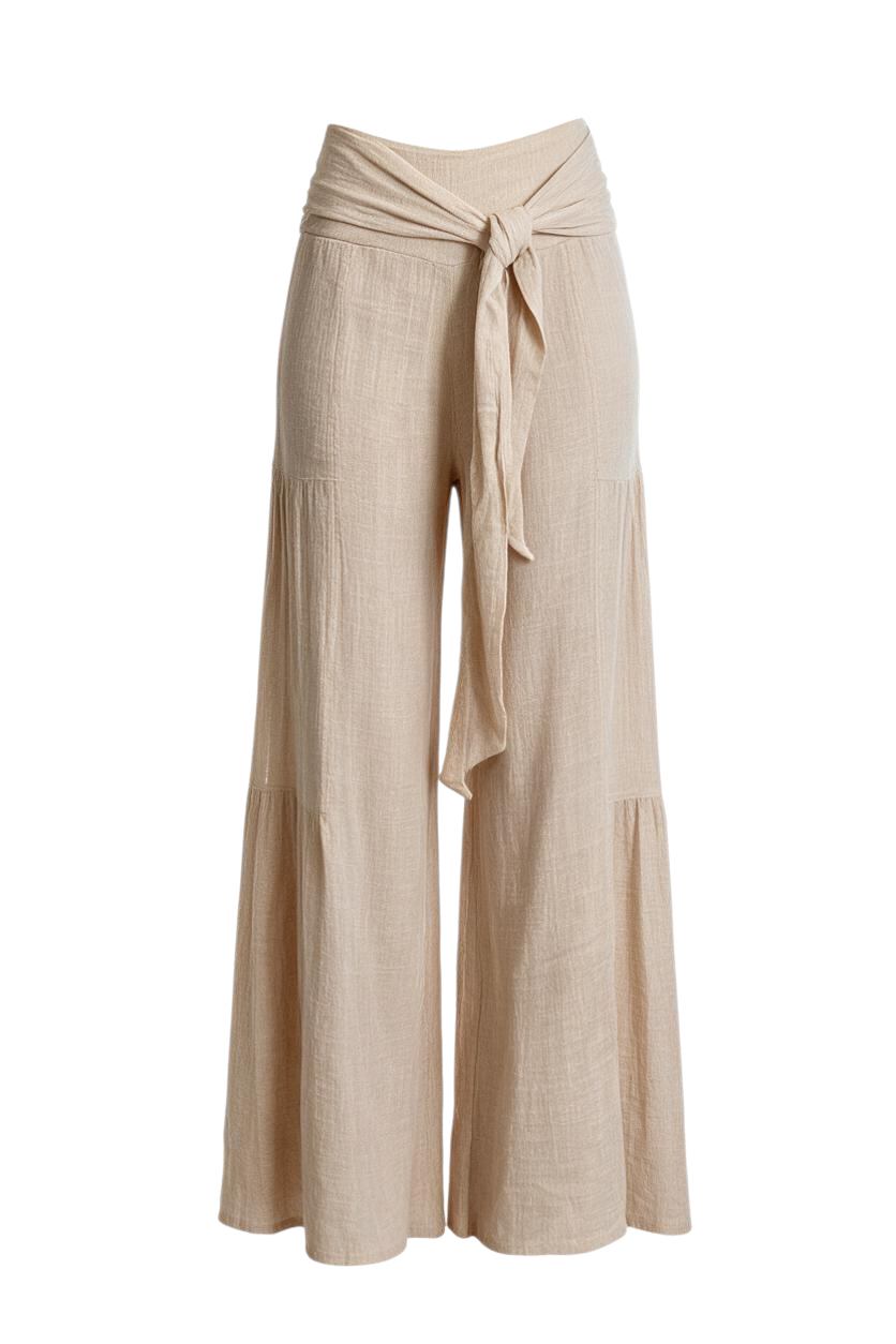 Trestles Clothing Company beige high-rise wide leg pants with a tie waist and tiered seaming in textured fabric