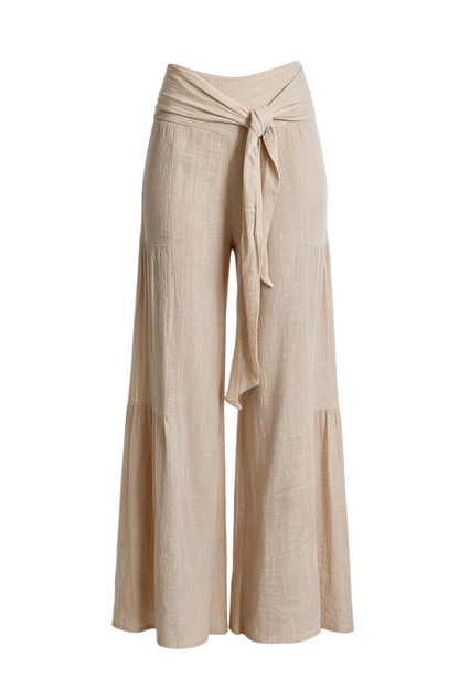Trestles Clothing Company beige high-rise wide leg pants with a tie waist and tiered seaming in textured fabric
