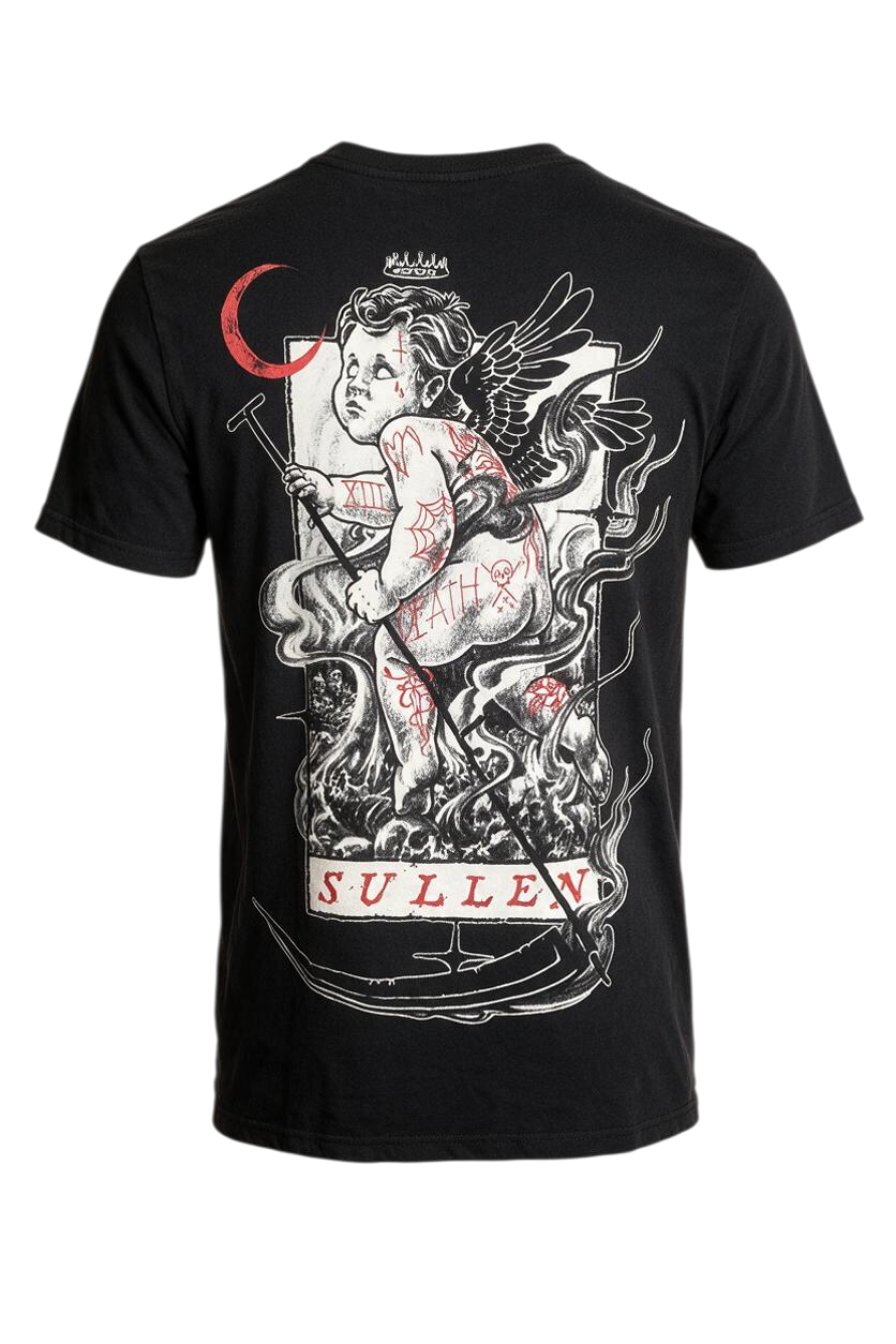 Trestles Clothing Company black oversized cotton tee featuring a detailed tattoo-inspired angel graphic on the back.