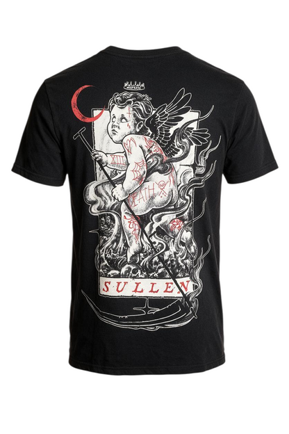 Trestles Clothing Company black oversized cotton tee featuring a detailed tattoo-inspired angel graphic on the back.