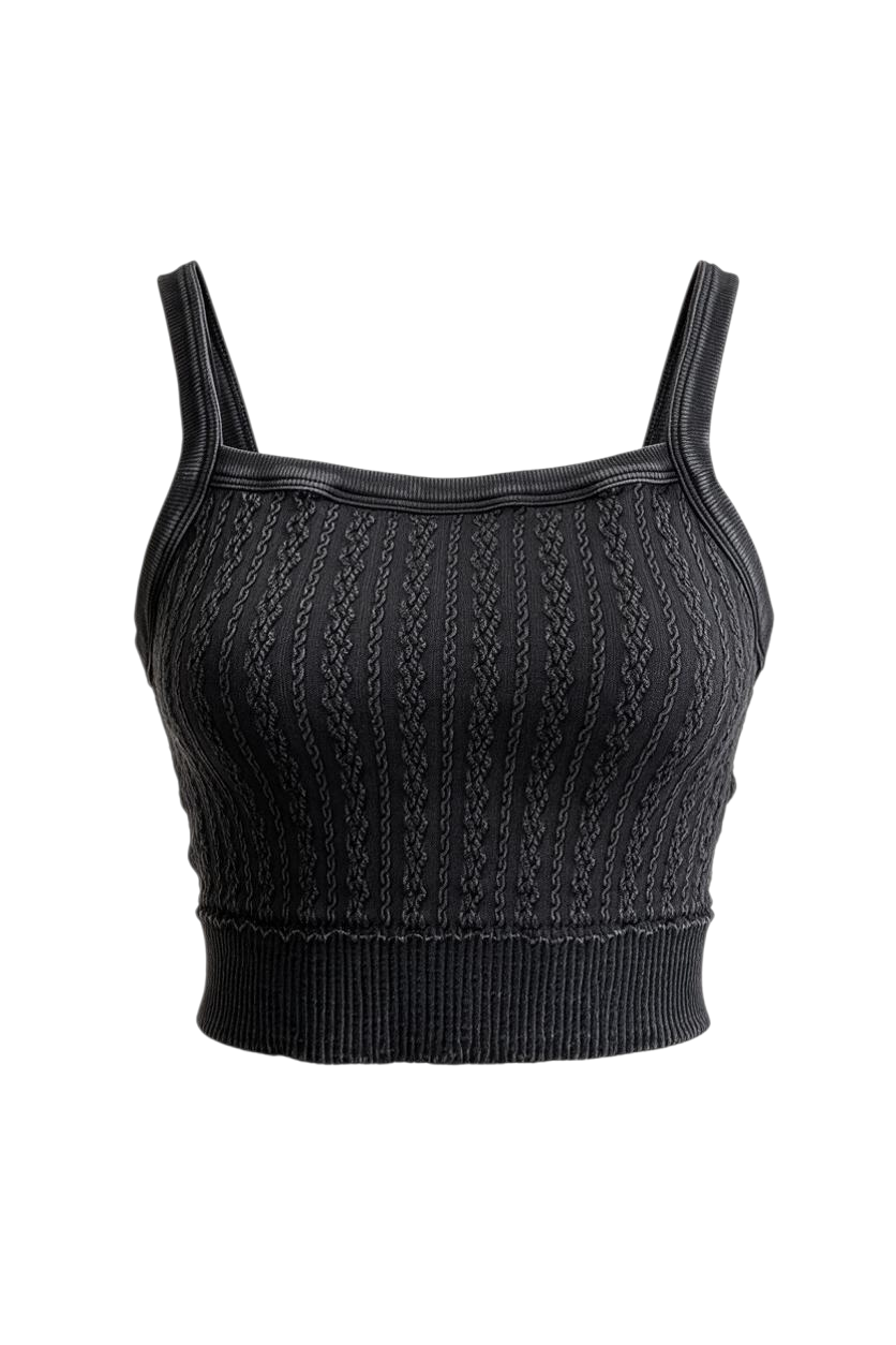 Trestles Clothing Company black cabled cropped cami with a square neck and supportive wide elastic band