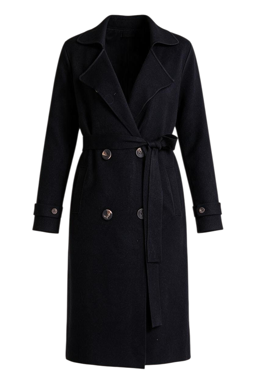 Trestles Clothing Company black midi sweater coat in a soft cashmere blend with a tie belt and double-breasted buttons