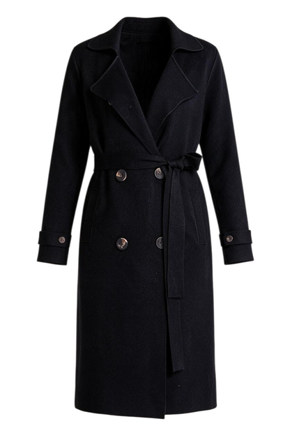 Trestles Clothing Company black midi sweater coat in a soft cashmere blend with a tie belt and double-breasted buttons