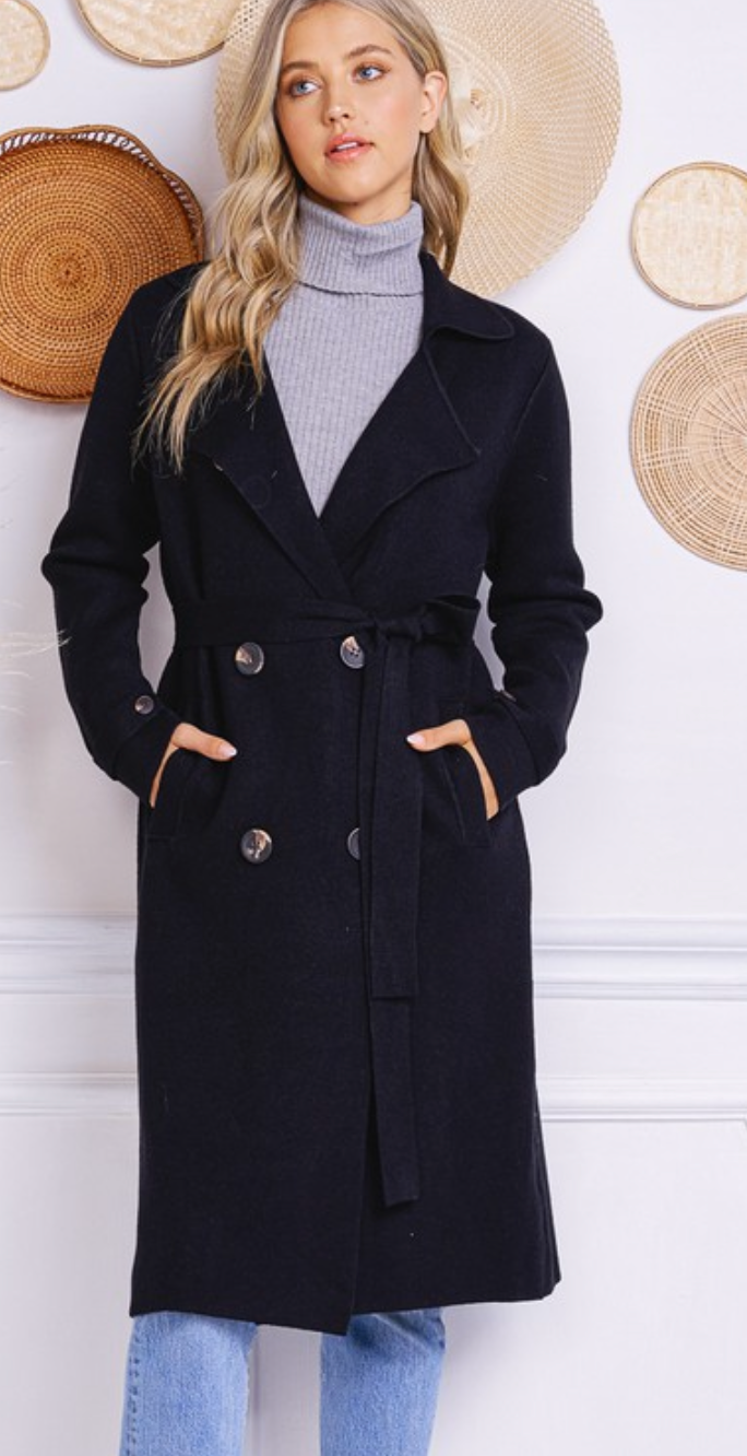Trestles Clothing Company Beckham Coat in black, a midi-length cashmere blend sweater coat with a tie belt.