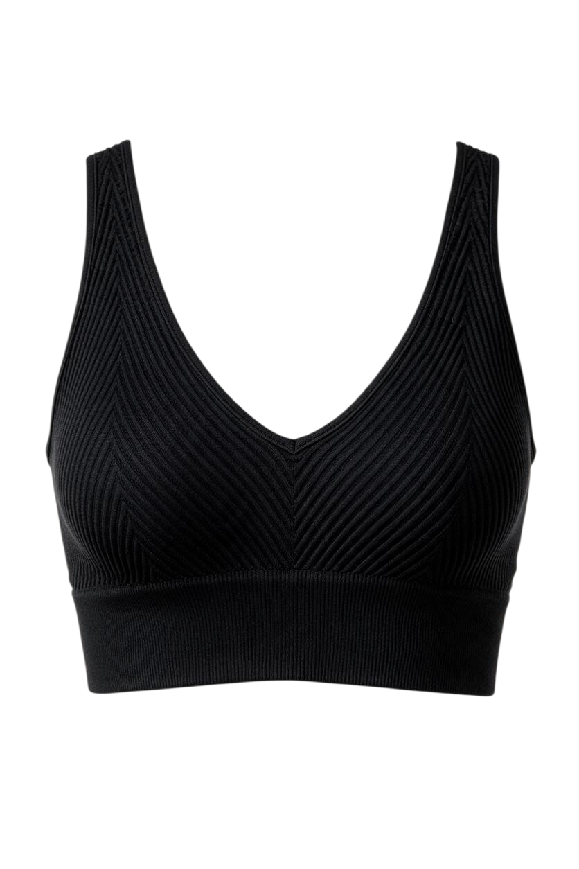 Trestles Clothing Company black reversible seamless crop cami with a ribbed chevron knit texture and v-neckline.