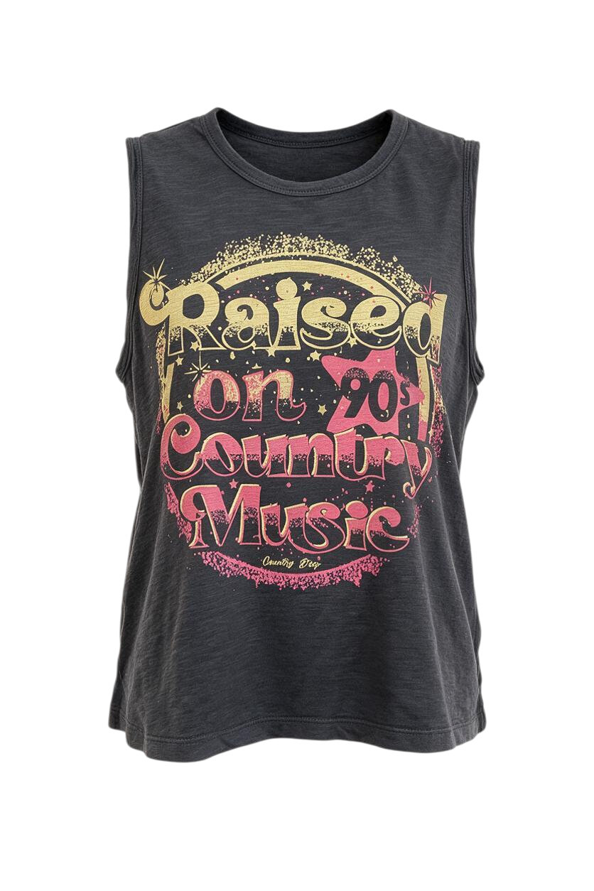 Trestles Clothing Company 90's Country Muscle Tee in black cotton with a vintage wash, raw hem, and graphic print.