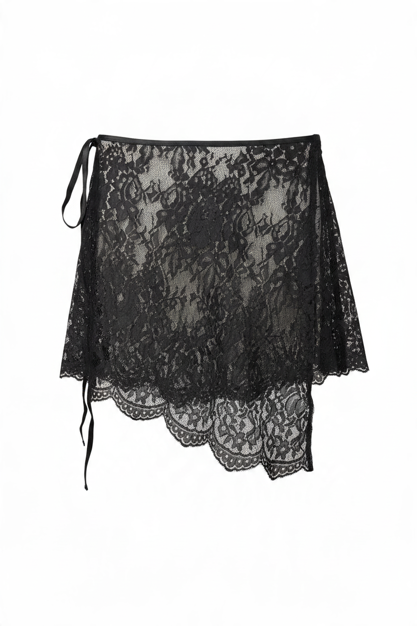 Trestles Clothing Company black asymmetrical lace skirt overlay with a delicate floral pattern and tie waist.