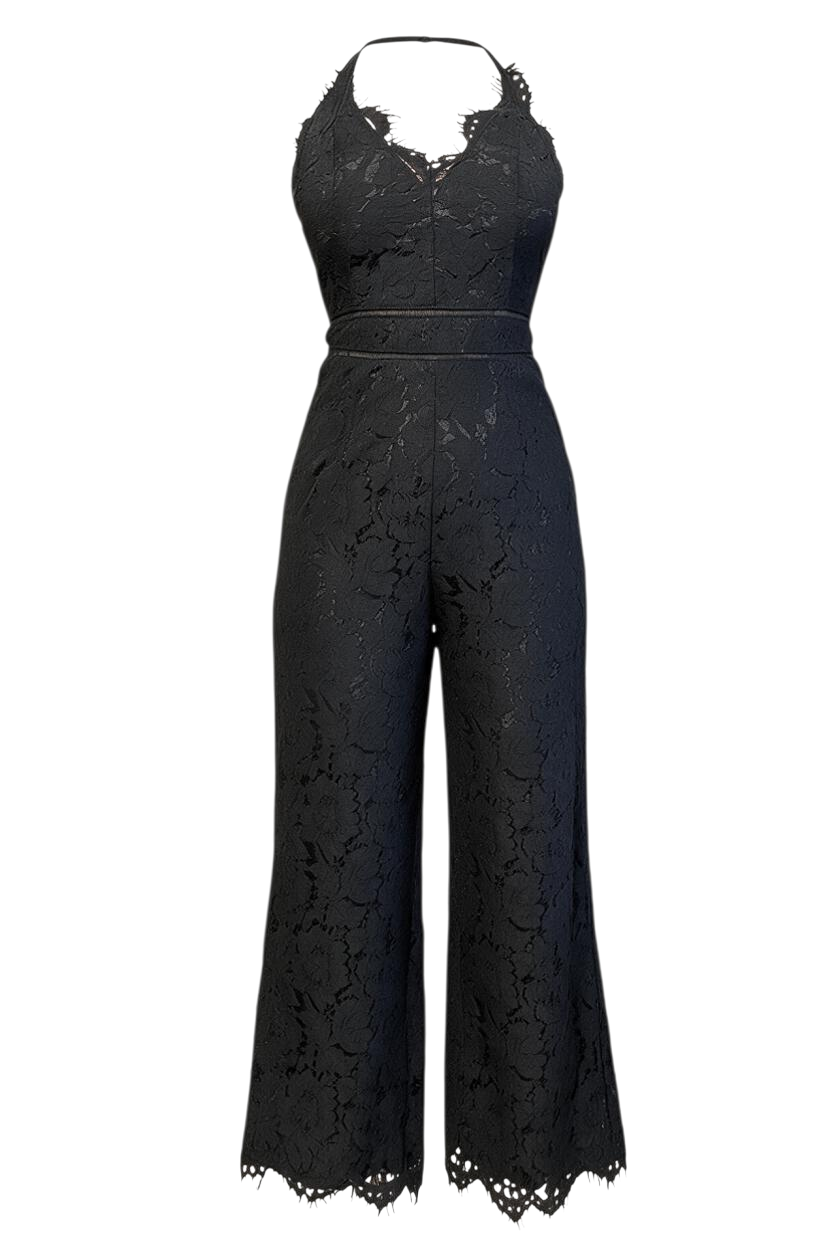 Trestles Clothing Company black lace jumpsuit with a fitted bodice, halter neckline, and wide-leg trousers.