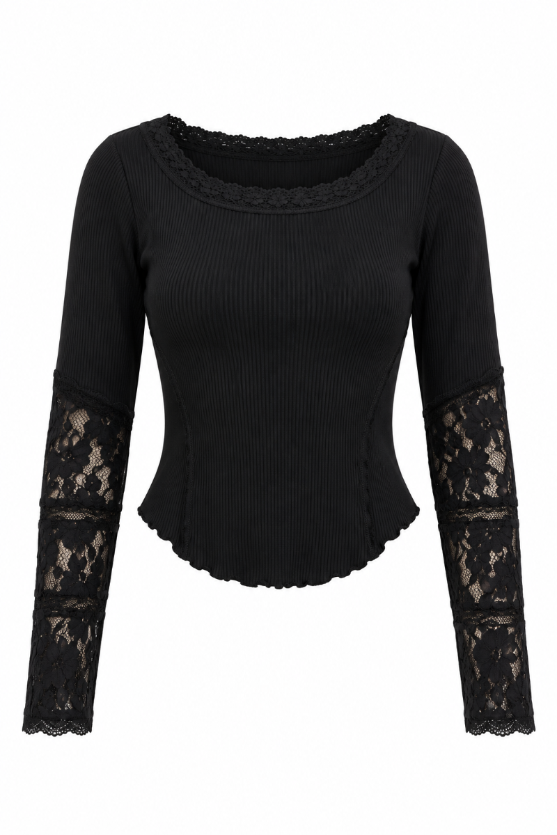 Trestles Clothing Company black long sleeve top with boat neckline, waffle knit fabric, and romantic lace sleeve panels.
