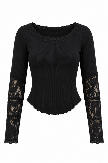 Trestles Clothing Company black long sleeve top with boat neckline, waffle knit fabric, and romantic lace sleeve panels.