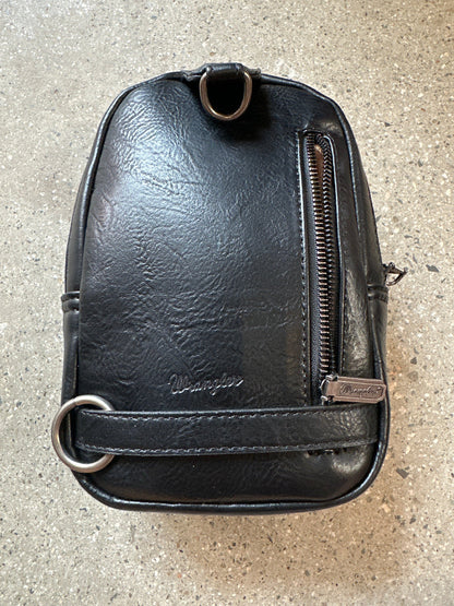 Trestles Clothing Company black PU leather crossbody sling bag with a front zipper pocket and Wrangler logo detail